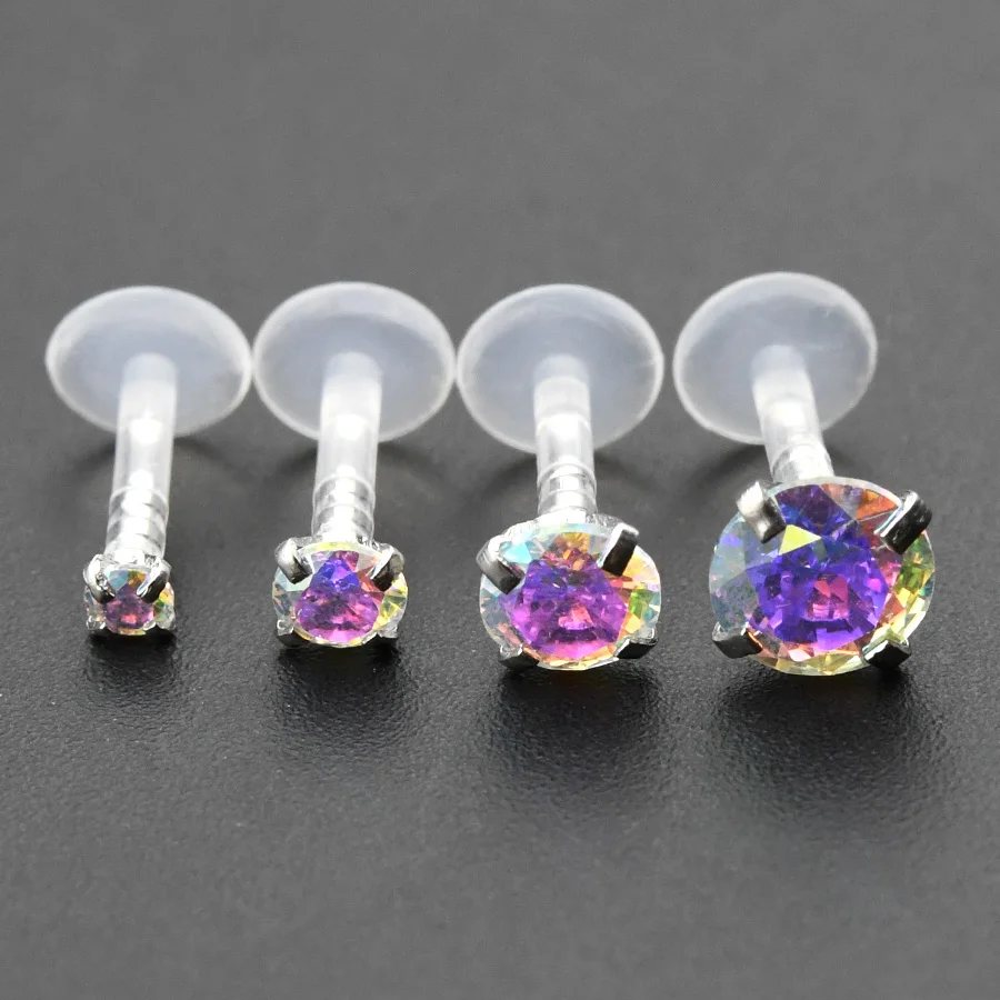 4Pcs 2~5mm CZ Soft Acrylic Nose Stud Earrings Flat Back Labret Lip Piercing Ear Jewelry Tragus Helix Piercing 16G 6/8mm Post