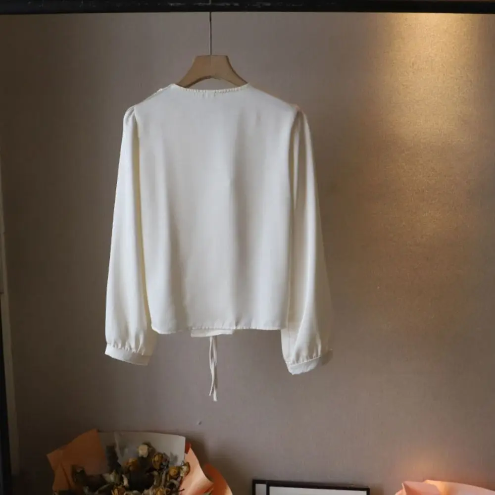 

V-neck Long Sleeve Shirts Waist-cinching Slim Fit Puff Sleeve Shirt Irregular Autumn Spring Button Up Blouse Spring Autumn