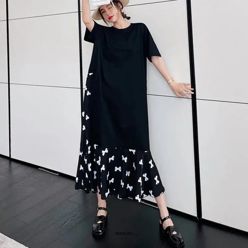 Large Size 6XL 150kg Summer Dress O Neck Short Sleeve Loose Waist Long Dress Black Femme Maxi Vestidos