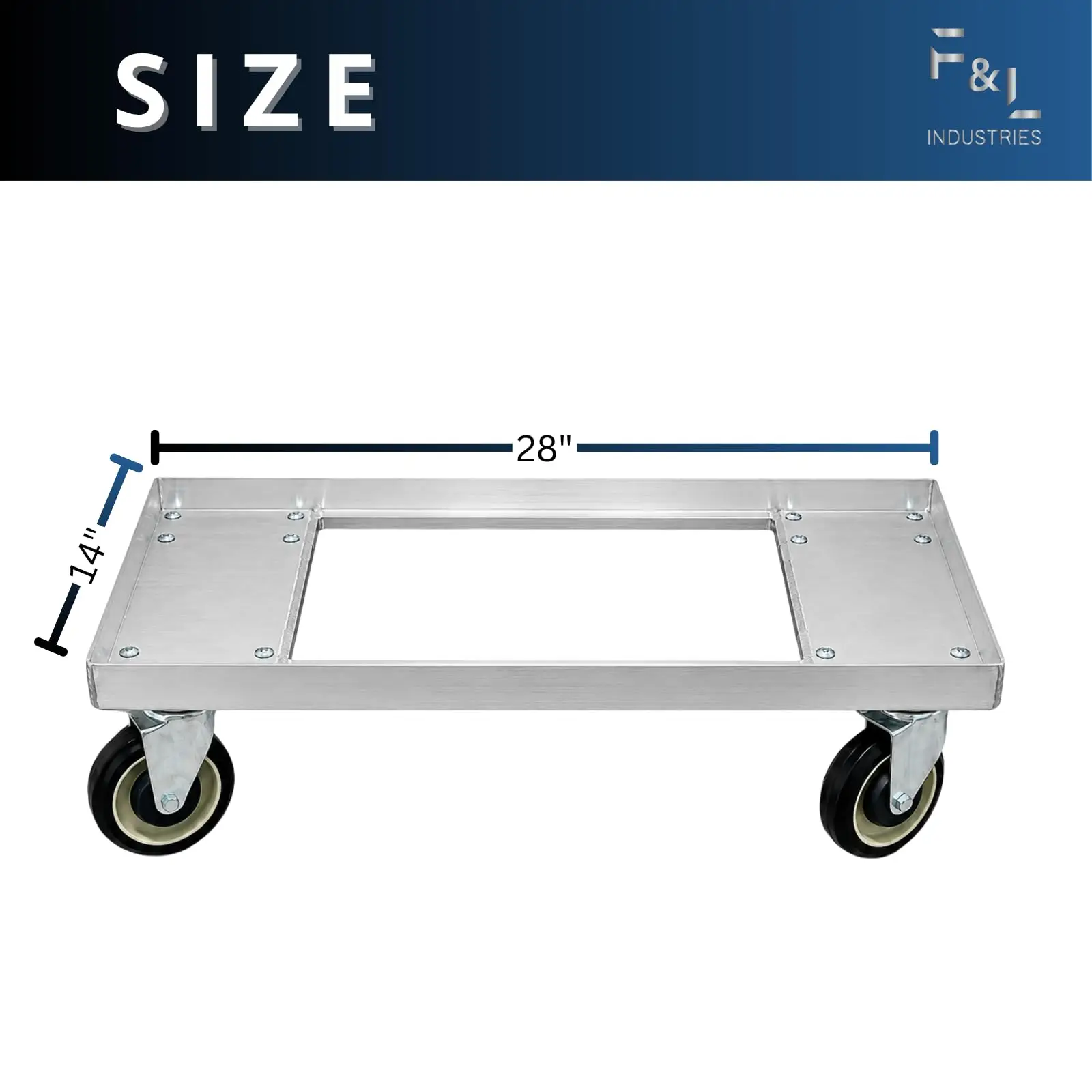 F&L Heavy Duty Aluminum Milk Crate Dolly with Casters, 14" x 28" Commercial Rolling Crate Cart, Heavy Duty Wheeled image 2