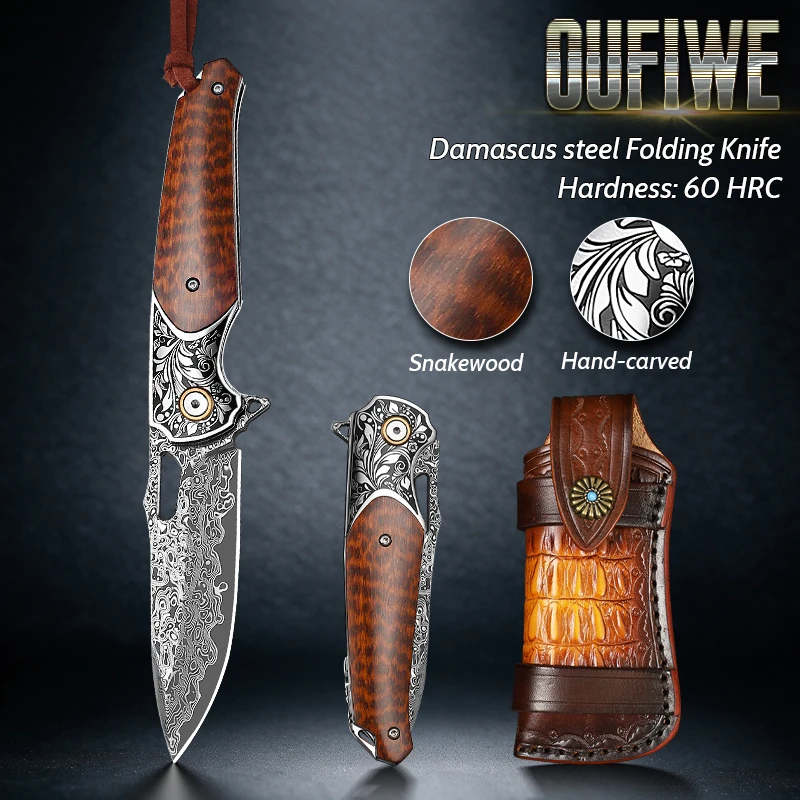 High-quality Damascus folding knife with a portable EDC clip and leather sheath ideal pocket knife for outdoor camping and hikin