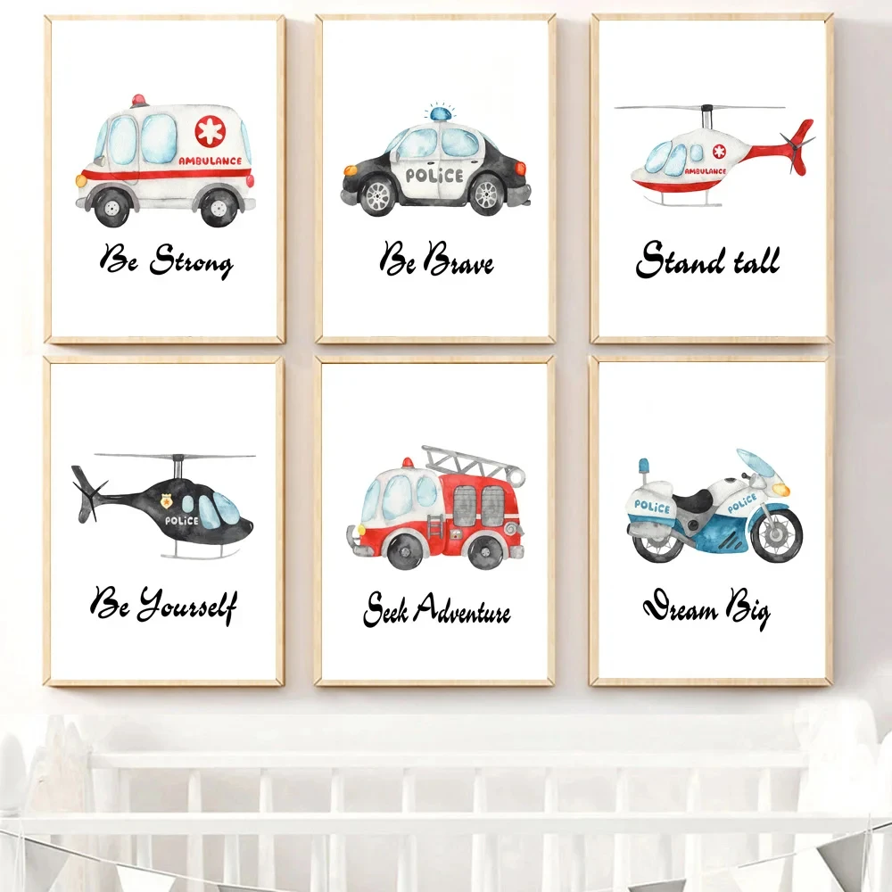 Cartoon Ambulance Fire Truck Car Motorcycle Airplane Wall Art Canvas Painting Posters Prints Picture Boy Kids Room Bedroom Decor
