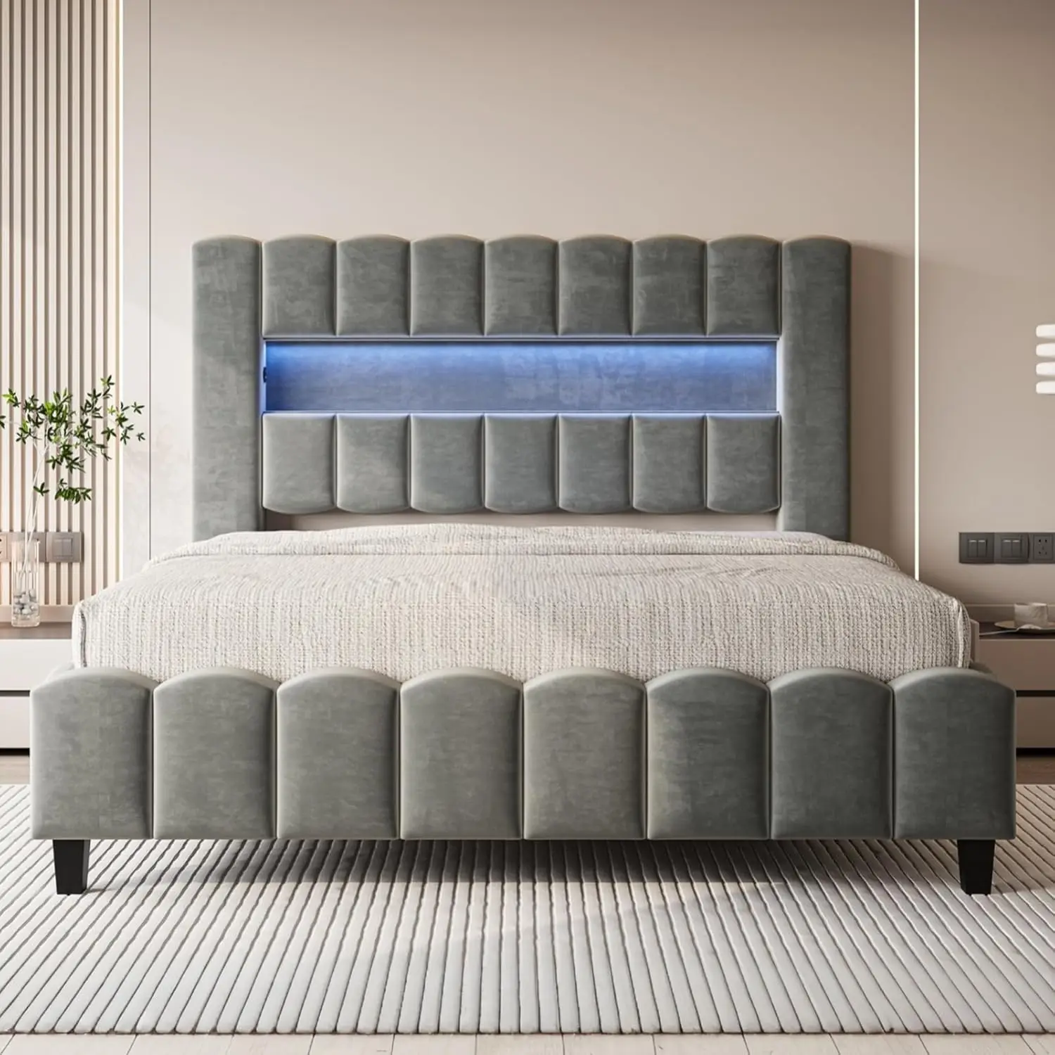 Queen Bed Frame with LED Lights, Velvet Upholstered Platform Bed Frame with Charging Station and 51.2