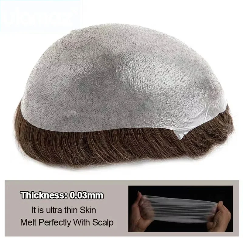 0.03 رقيقة جدا الجلد الشعر المستعار غير قابلة للاكتشاف الرجال الشعرية الاصطناعية شعر مستعار واقعي رجل الشعر البشري نظام الشعر Microskin للرجال #5