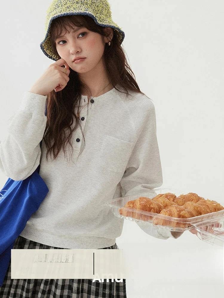 

AMUU Original Textured Half Button Women's Hoodie Shoulder Sleeve Spring New Style round Neck Long Sleeve Loose Fit Cotton Po...
