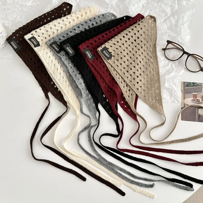 Korean Style Knit Triangle Scarf Vintage Hollow Out Versatile Headband Belt Soft Stretchy Breathable Decorative Accessories