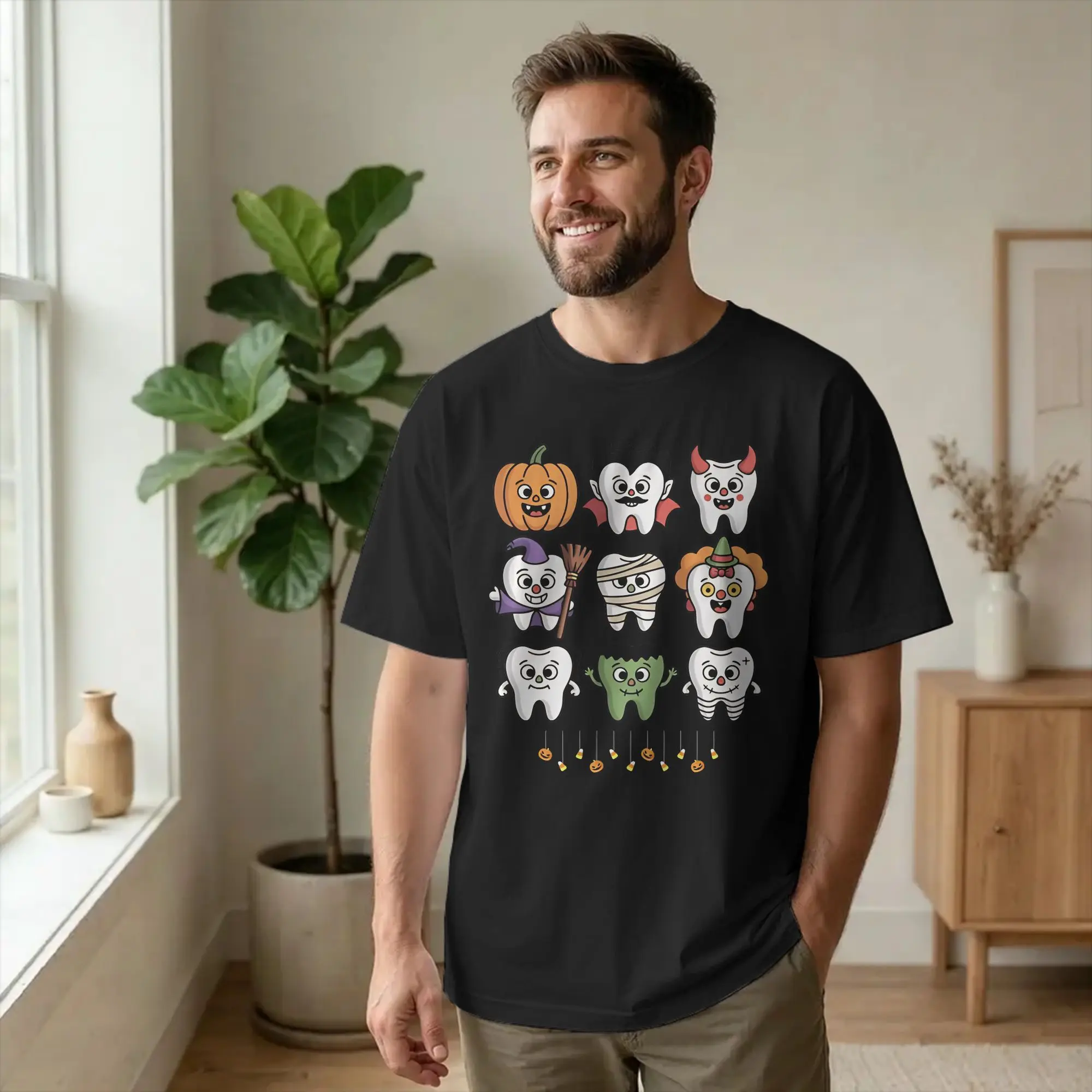 Tooth Characters Costume  Tshirts Unisex Cotton Clothing Casual Cartoon Teeth Helloween Round Neck Short Sleeve