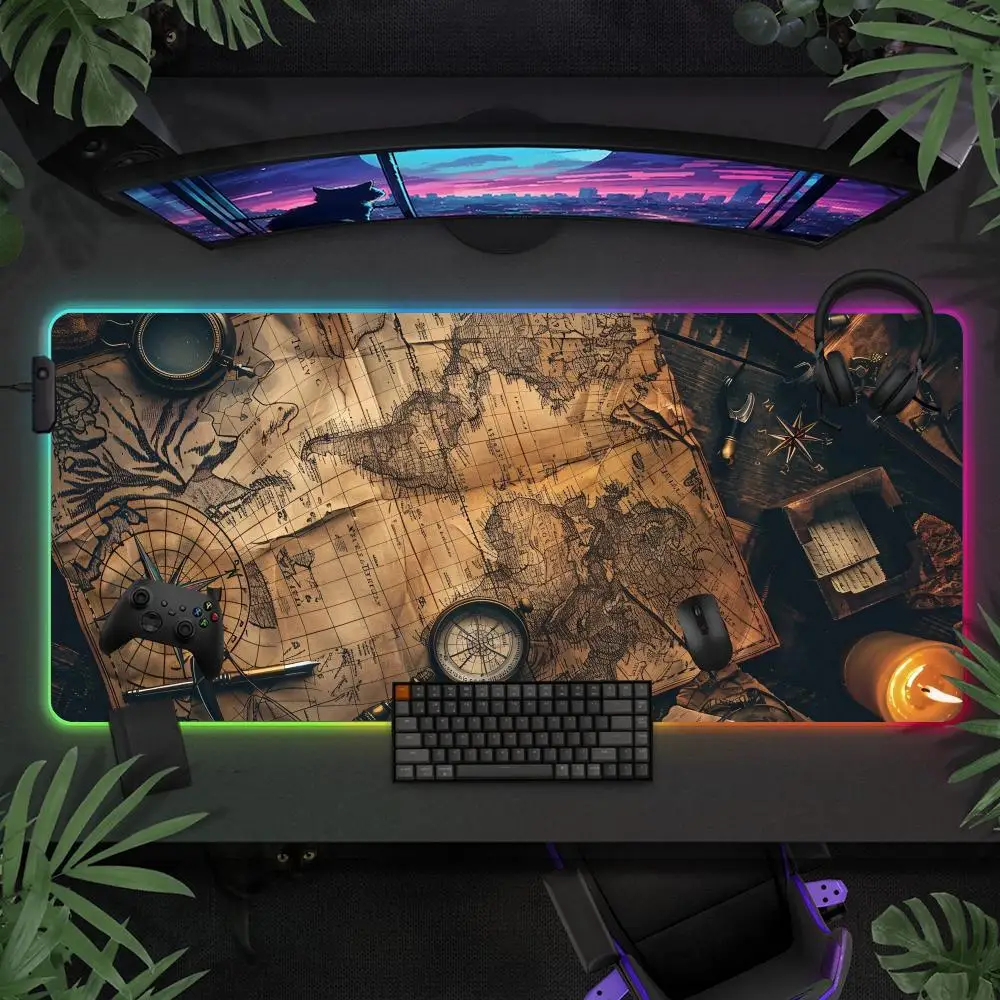 

Retro Compass Drawing Mouse Pad RGB Gaming Mouse Pad HD Gamer Accessories LED Luminous Mouse Pad with Backlight Computer Carpet