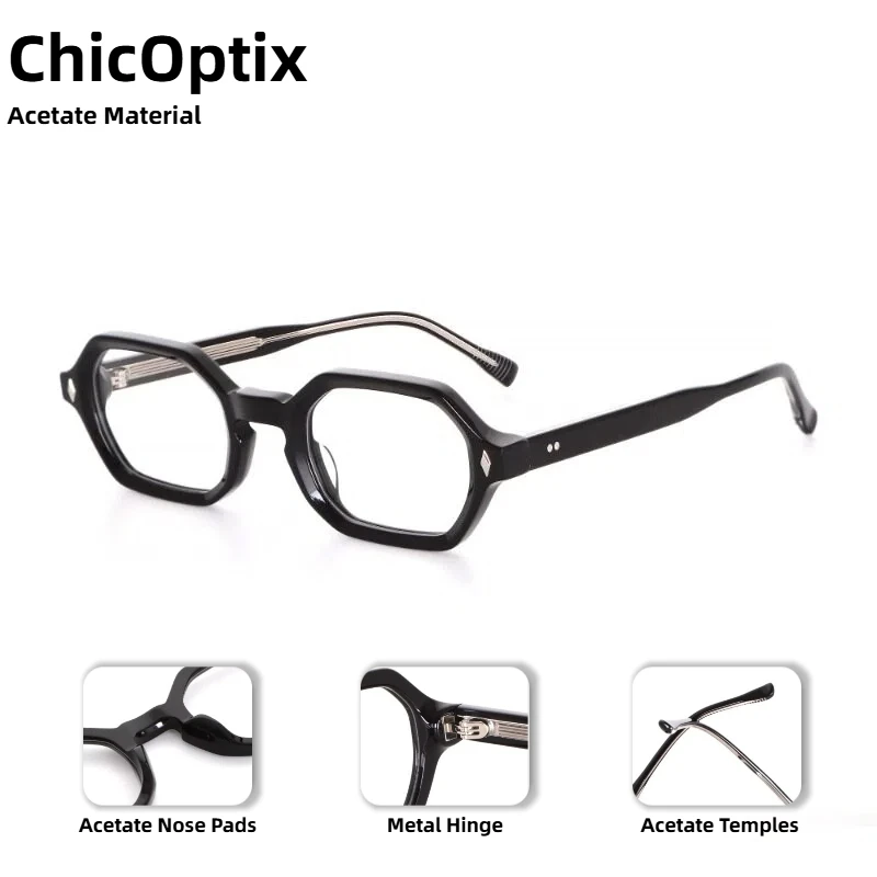 Modische polygonale optische Damenbrille mit kleinem Rahmen, Retro-Luxus-Nieten-Designrahmen, Acetat-Brille, klare Gläser