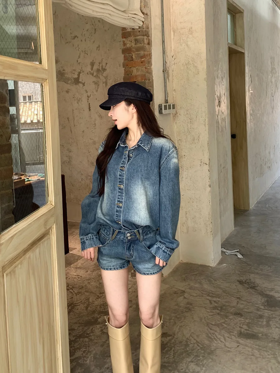 Conjunto de dos piezas de pantalones ort de cintura alta Lazy Sle de talla grande, traje irt de mezclilla adelgazante para mujer, Micro talla grande Faionable Colle...