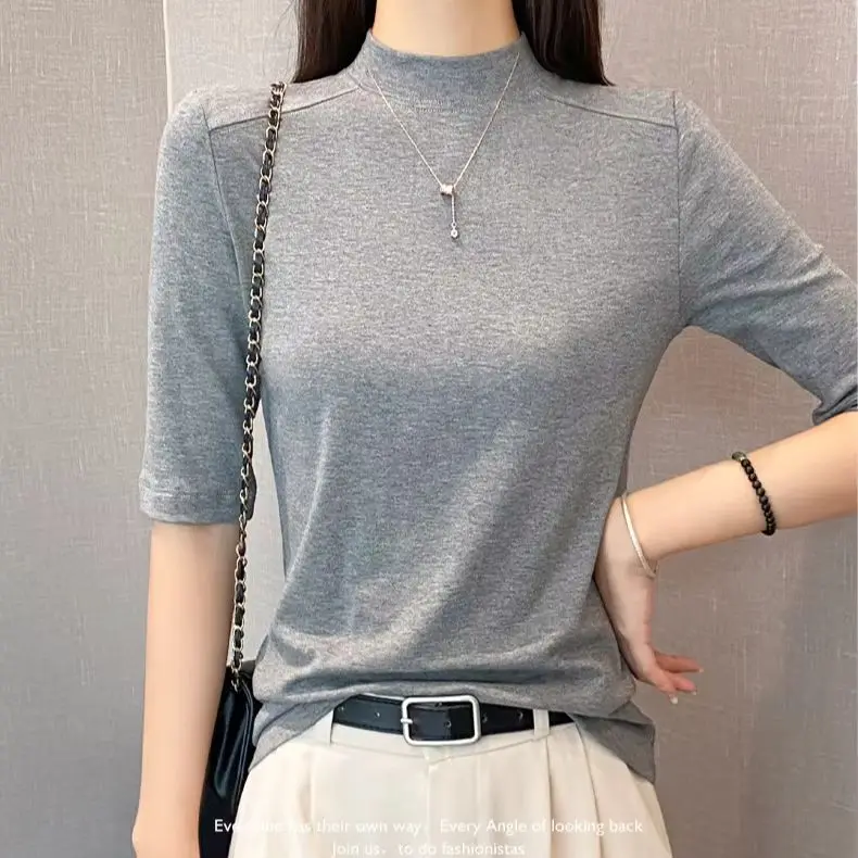 

T-shirt Women's Top Polo Neck Bow Embroidered Pleated Waist-cinching Slimming Short-sleeved Women's T-shirt Top Summer