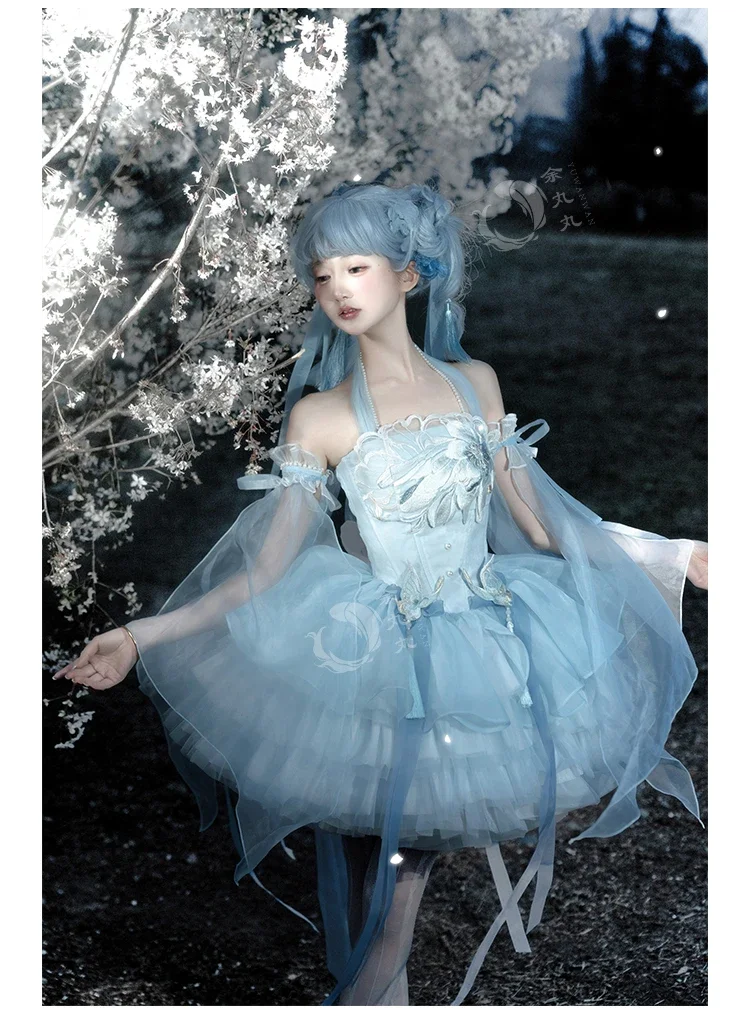 バレエスタイルドレス甘いプリンセスドレス女性中国風の花刺繍ネックチューブトップ魚の骨スリムメッシュドレス