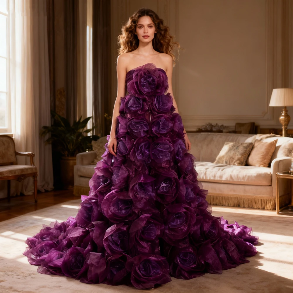 

Strapless Maternity Photoshoot Dresses Organza 3D Handmade Flowers Dresses for Pregnant Photography Brides Dresses Gala YW220308