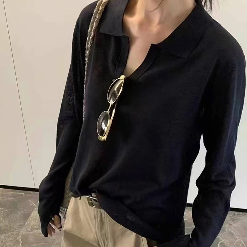 Maglione con risvolto temperamento coreano Autunno donna tinta unita manica lunga sciolto versatile top lavorato a maglia