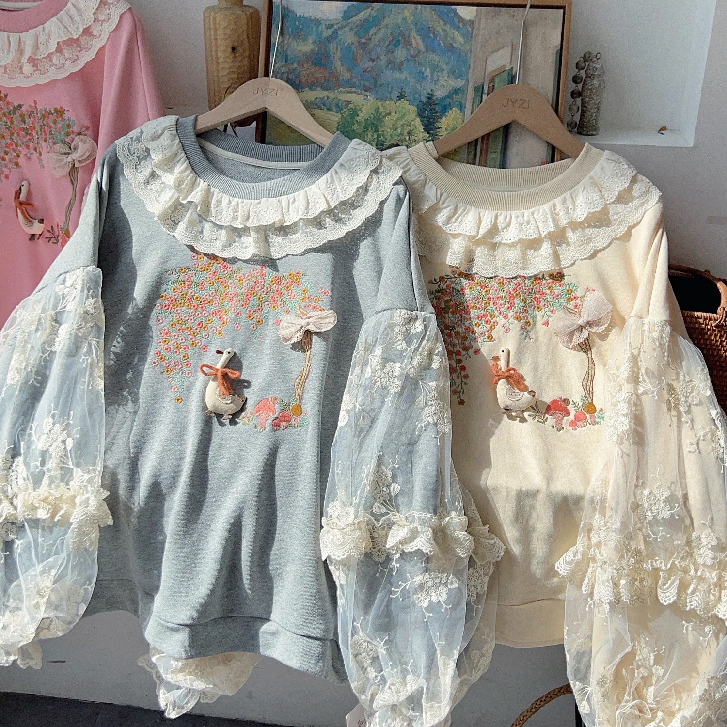 Japan Style Sweet Lolita Lace Embroidery Sweatshirts Women Autumn Winter Ruffels Collar Long Lantern Sleeve Hoodies Pullover