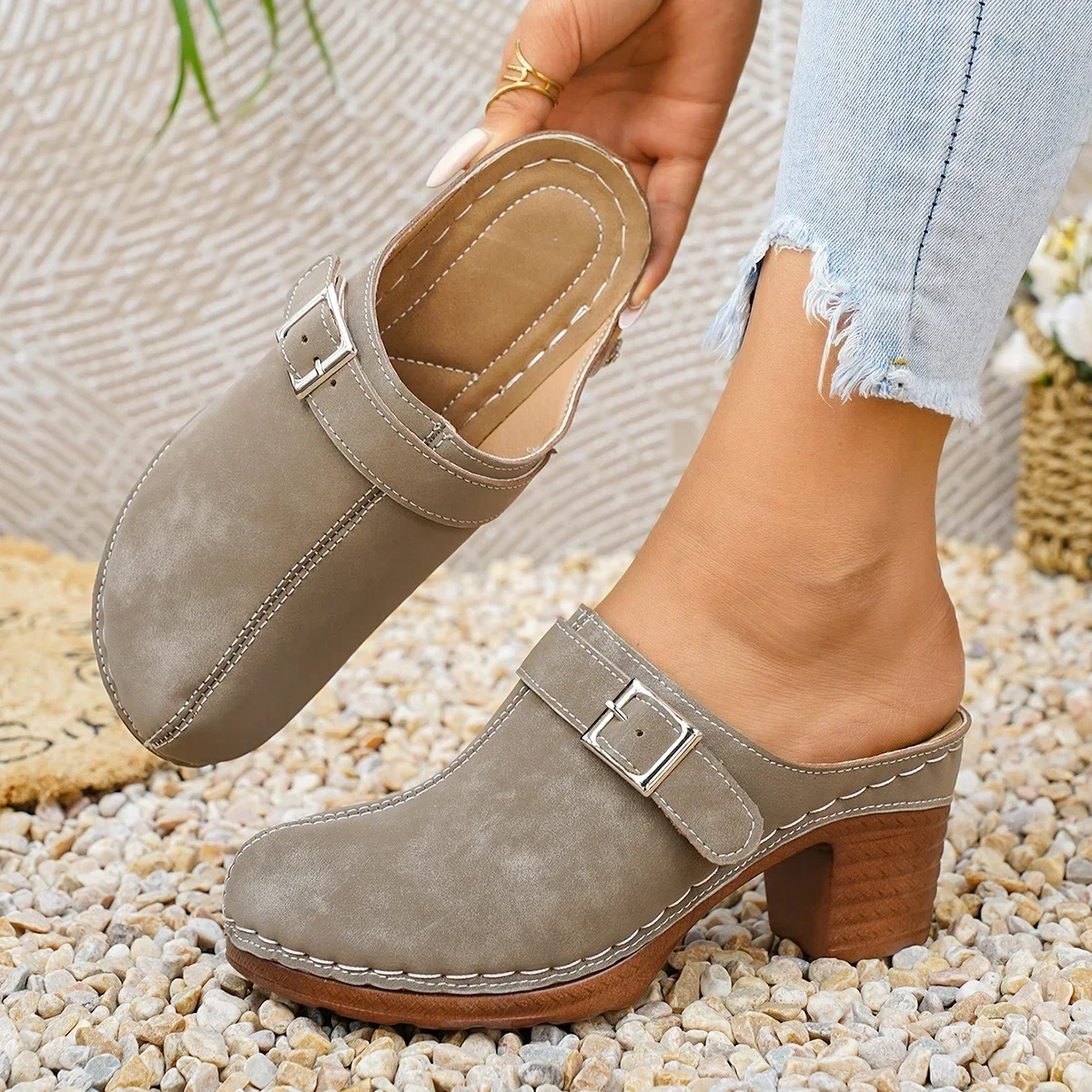 Damen Mules Pantoletten mit hohem Blockabsatz, geschlossene Zehenpartie, zum Hineinschlüpfen, Vintage, Sommer, lässig, bequeme Gehschuhe, Größe 36-43 – Detail 28