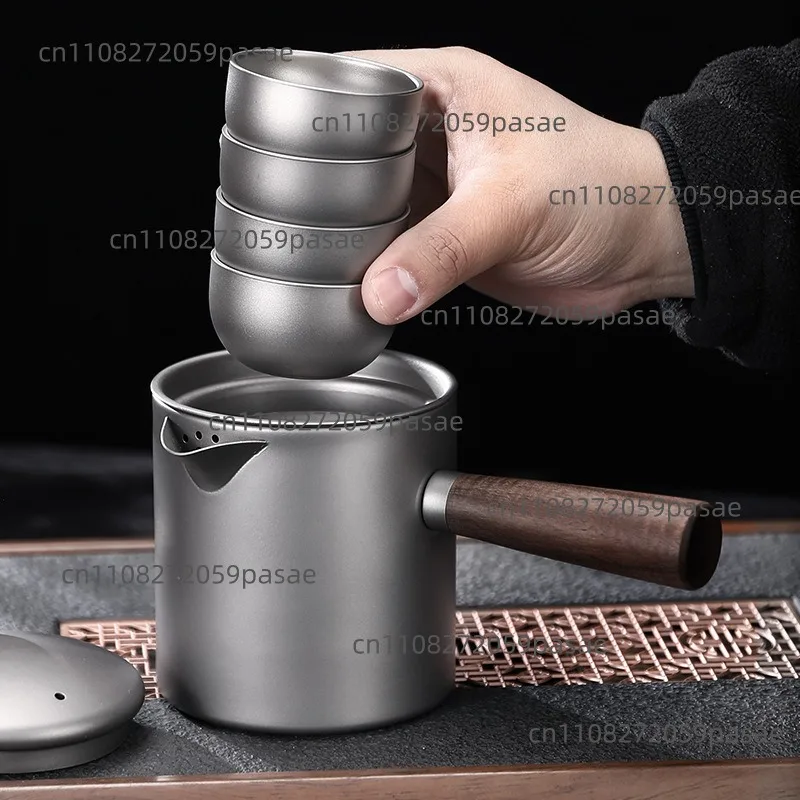 Titanium classic metal tea set with wooden side handle, milk pot, coffee pot, tea filter, tea brewer, titanium mug, teapot