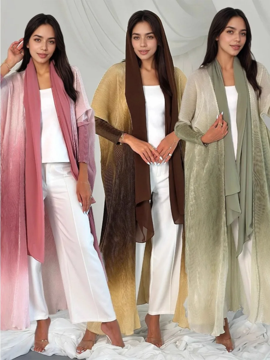 

Женское платье Абая Дубай Ид мусульманский плиссированный градиентный кардиган кафтан вечерние Джалабия Рамадан Марокко кафтан Vestido арабский длинный халат