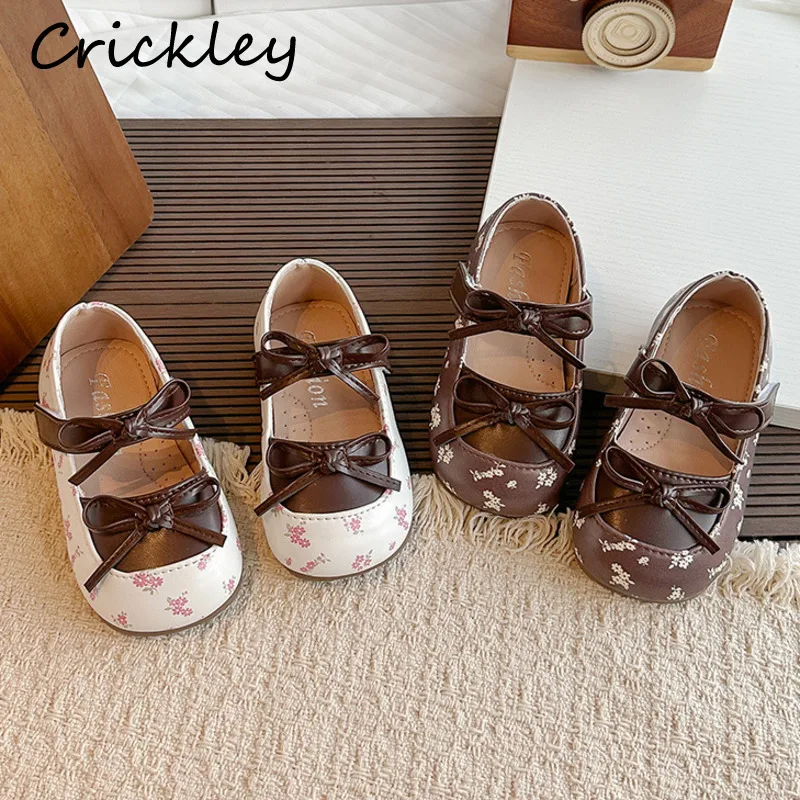 Flowers Printed Girls Flats Shoes Bow PU Leather Children Princess Shoes Spring Autumn Hook Loop Toddler Kids Mary Janes