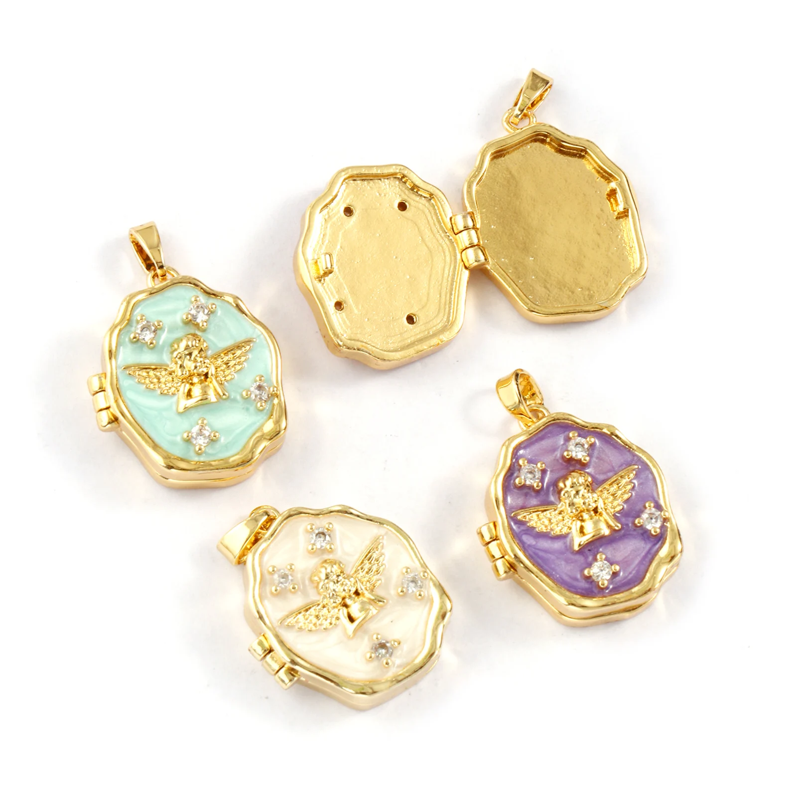 8Seaons 2PCs Brass Religious Picture Photo Locket Frame Pendants 18K Gold Plated Enamel Irregular Angel Can Open 27mm x 18mm