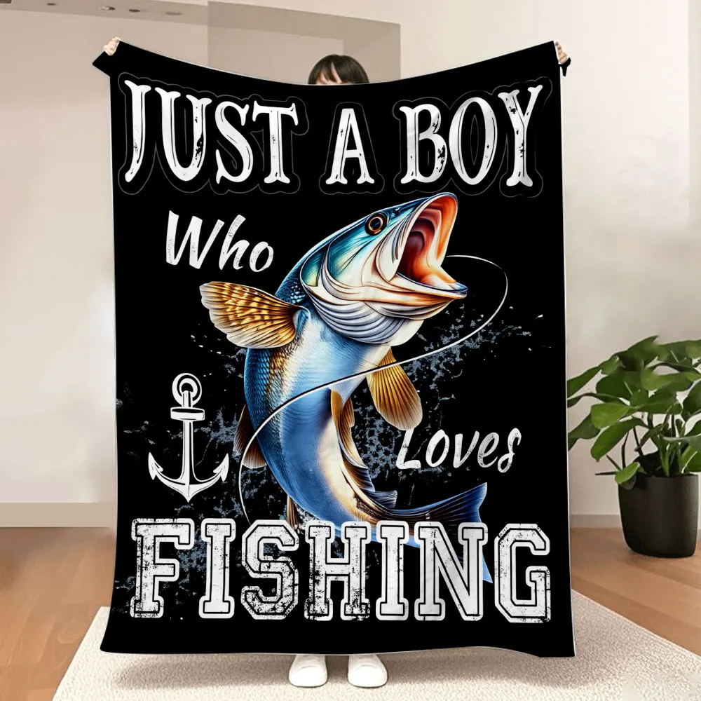 Rustic Fishing Blanket - Just A Boy Who Loves Fishing, Printed with Vintage Text & Detailed Bass Illustration, Perfect for Fi