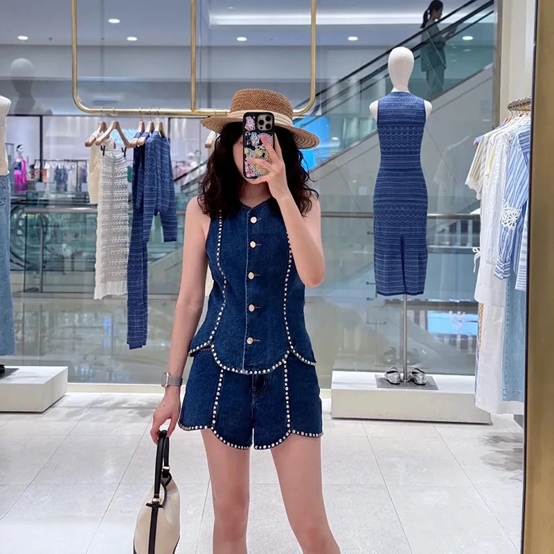 

Fashionable Denim Vest Shorts Set Stereo Tailoring Beaded Vest Autumn Collection Women's Fashion Ensemble Cotton round Neck B...