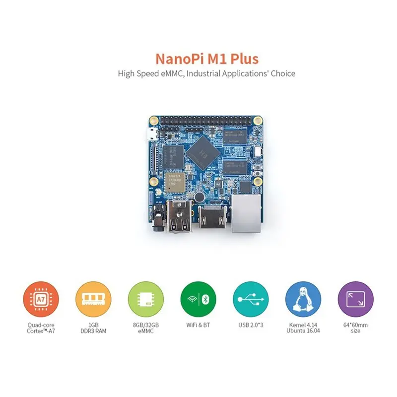 Y43A-For Nanopi M1 Plus (1G /8G) Development Board Allwinner H3 4K Playback Ubuntu18 Onboard Wifi Bluetooth EMMC Board