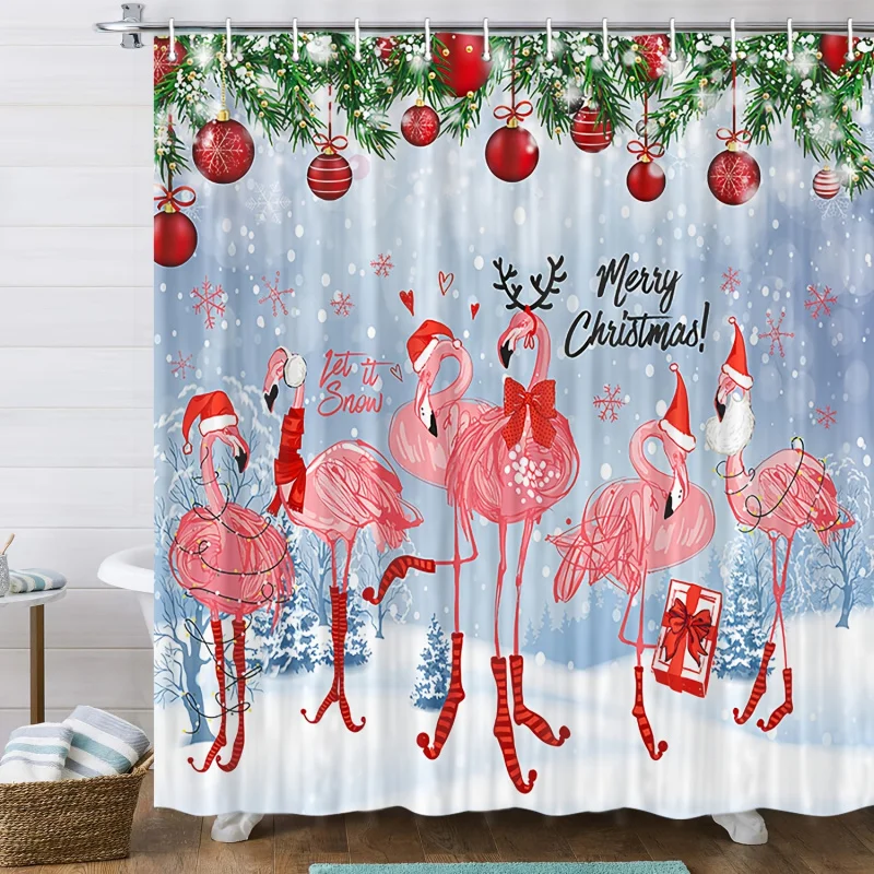 Pink Flamingo Holiday Bathroom Drapery with Red Santa Hats, Snowflakes, Pine Decor, Xmas Presents & Merry Christmas Motif, Stain