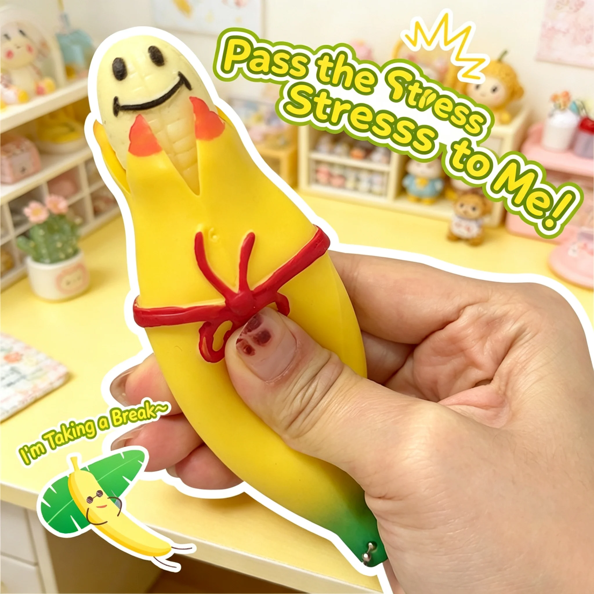 Bow Tie Banana Squeeze Toy Pop Out Smiley Banana Keychain Fidget Toy Stress Relief Prank Novelty Pendant Gift