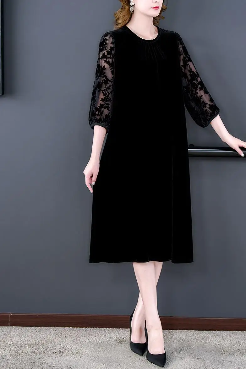 새로운 패션 여성 벨벳 실크 할로우 번트 플라워 드레스 여성 캐주얼 스타일 여름 오-넥 드레스 파티 Vestidos JJ1