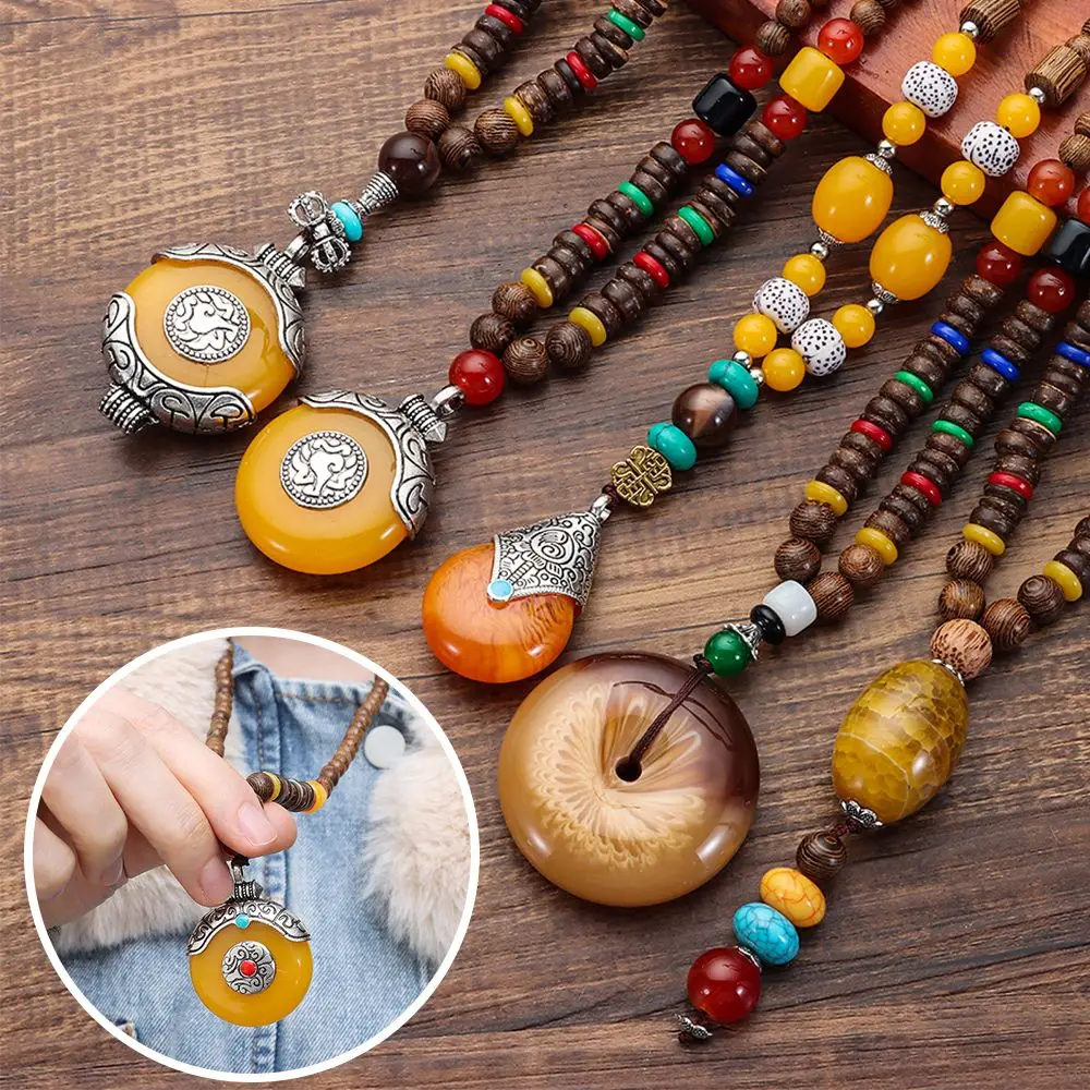 Vintage Lucky Gift Handmade Ethnic Jewelry Mala Wood Bead Horn Fish Pendant Nepal Necklace Buddhist