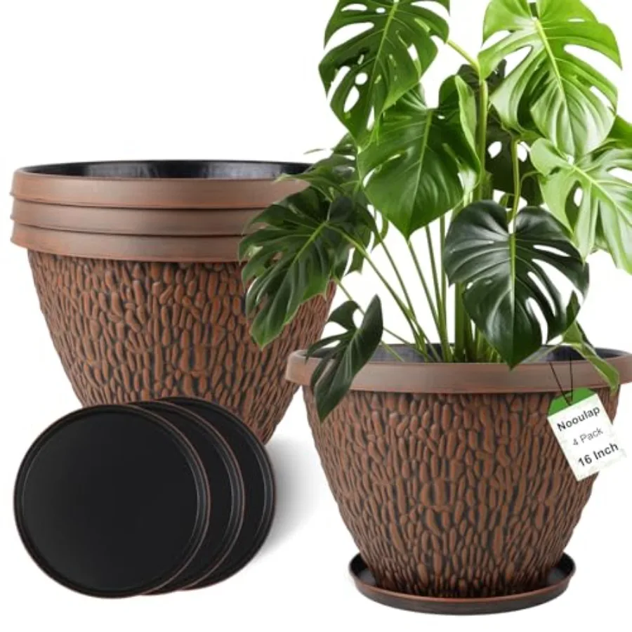 

Large Outdoor Plant Pot, 4 Pack Thickened Flower Pots with Draage Holes and Saucer, Design Tree Planters Outdoor for Garden Por
