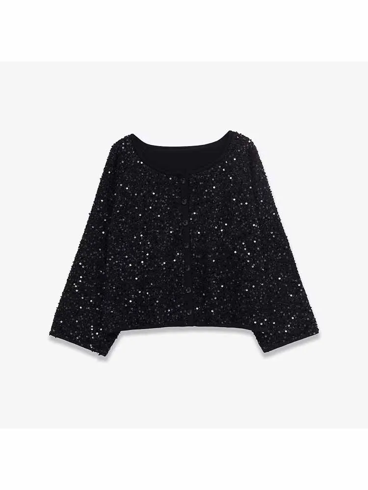 

European and American style winter new women's fashion versatile long-sleeved off-shoulder sequined knit cardigan