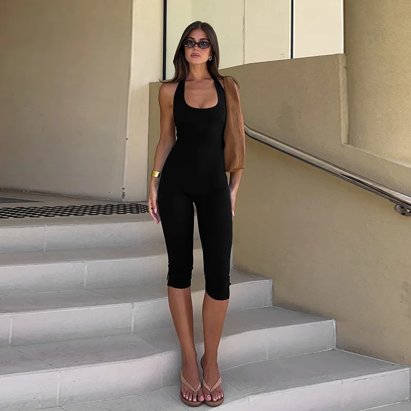 

Tie-up neck sexy backless solid color conjoined cropped trousers Europe and America sports and leisure spice women's dress