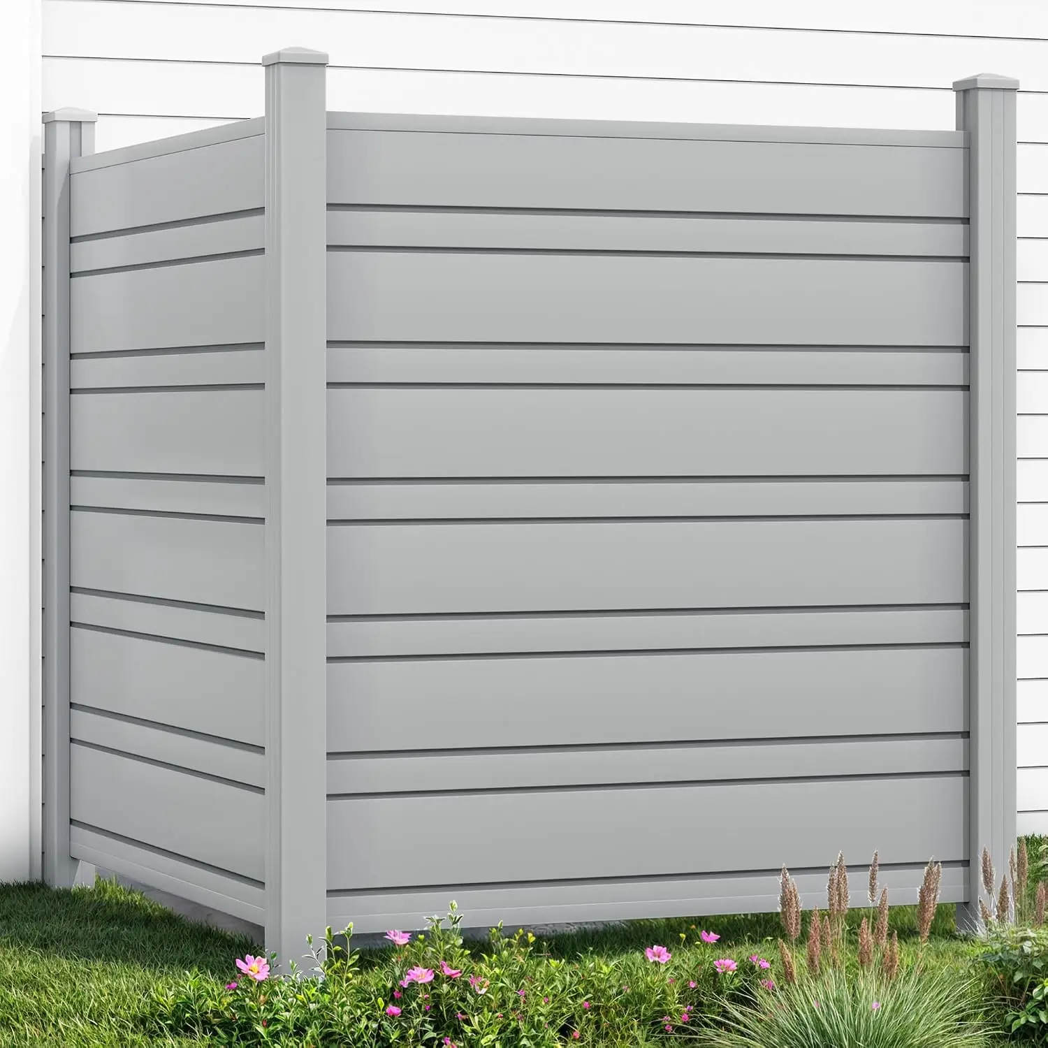 44 Inch Outdoor Air Conditioner Fence Privacy Screen, 2 Panels Vinyl Trash Can Enclosure, Heavy Duty Pool Equipment Hideaway Panel Set With Metal Stakes, Light Gray