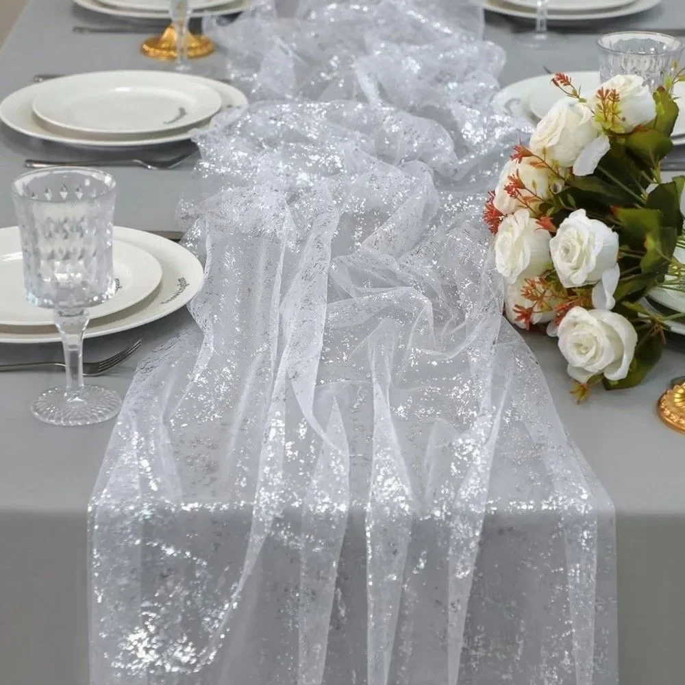 2-8M Pearl Sequin Mesh Table Runner Sheer Tulle Wedding Dining Table Decor for Bridal Shower Christmas Party