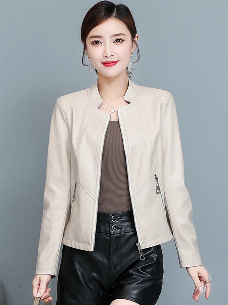   Chaqueta de Cuero Genuino Ning para Mujer, Estilo Corto, Primavera-Otoño 2026, Nueva Versión Coreana, Corte Ajustado, Cuello Alto, Estilo Motociclista
