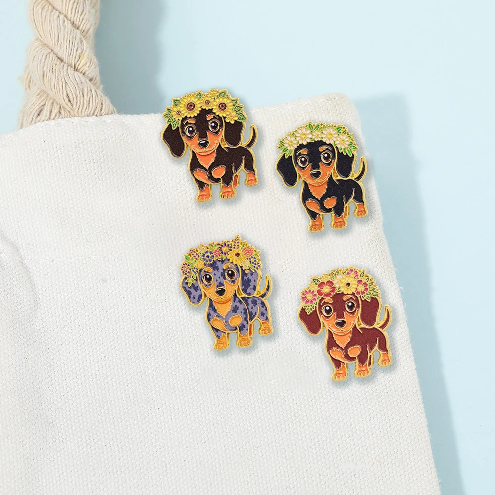 Cross border Cute Animal Badge, Clothing Backpack Accessories Pin Alloy Badge, Flower Sausage Dog Brooch