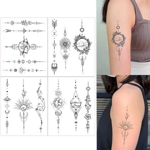 Tattoo 4 Stuks Tijdelijke Tattoo Sticker Minimalistische Lijnen Engelse Duivel Bloem Waterdicht Nep Tatoo Flash Tatto Voor Mannen Vrouwen Meisjes