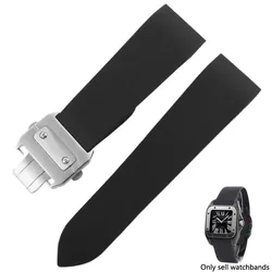 For Cartier Santos 100 W2020007 Waterproof Rubber Watch strap 25mm black soft Silicone Stainless steel watch buckle Watchband