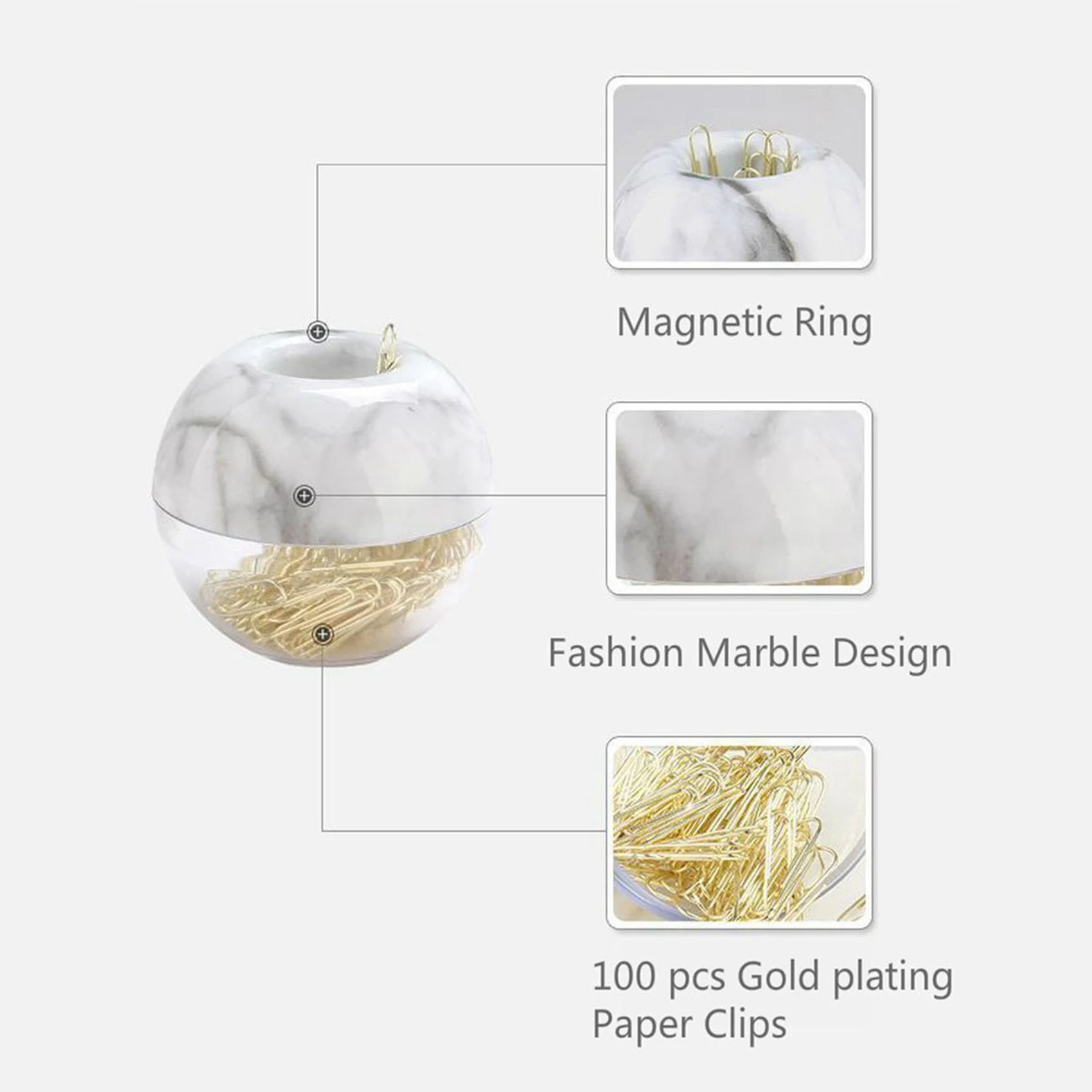 エレガントな磁気大理石の白いクリップ ホルダーのゴールド ペーパー クリップ、28 mm、1 箱あたり 200 クリップ