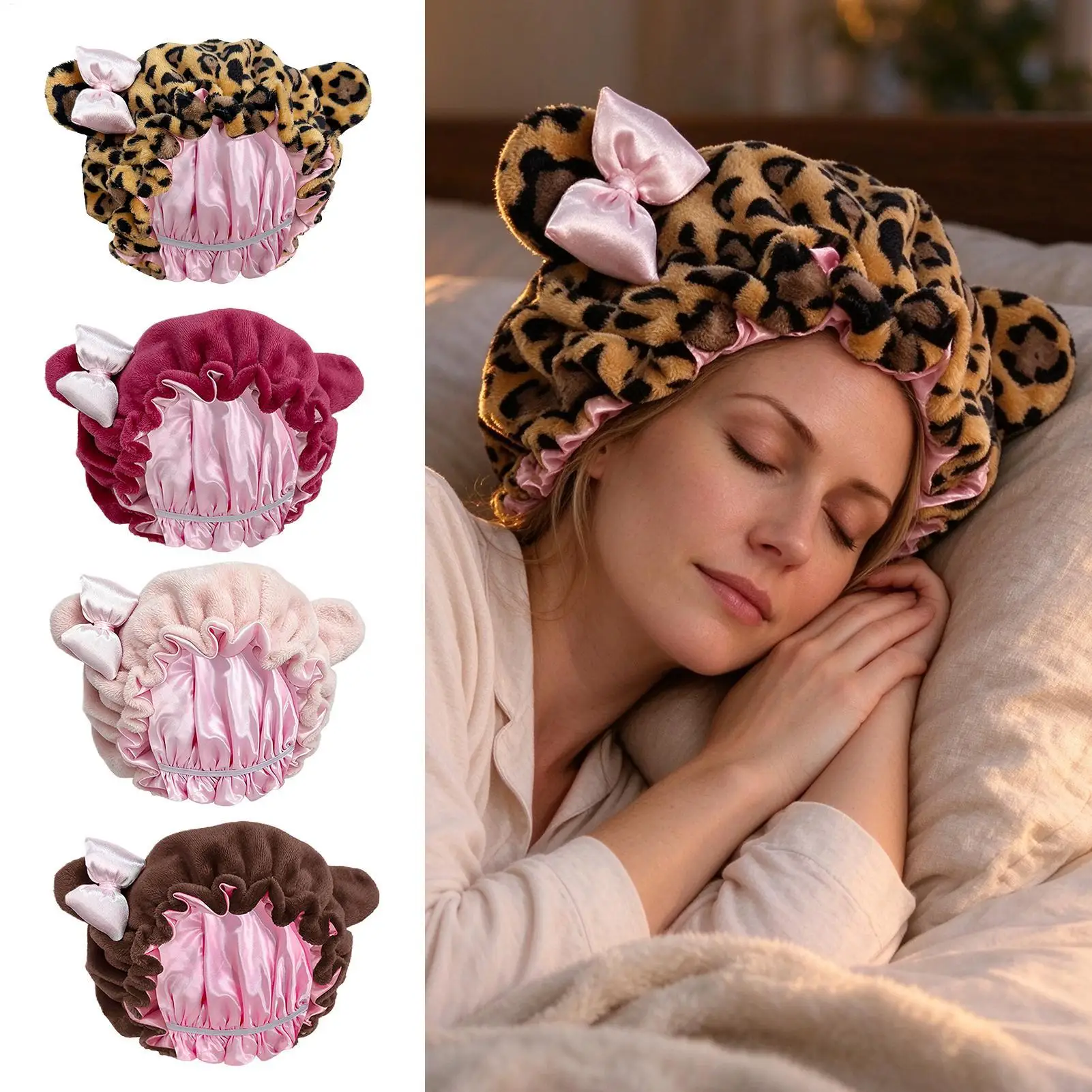 Sleep Bonnet Leopard Print Plush Hair Bonnet with Big BowSoft Fluffy Night Sleep Cap, Adjustable Bear Ear Hair Wrap  Hair Bonnet