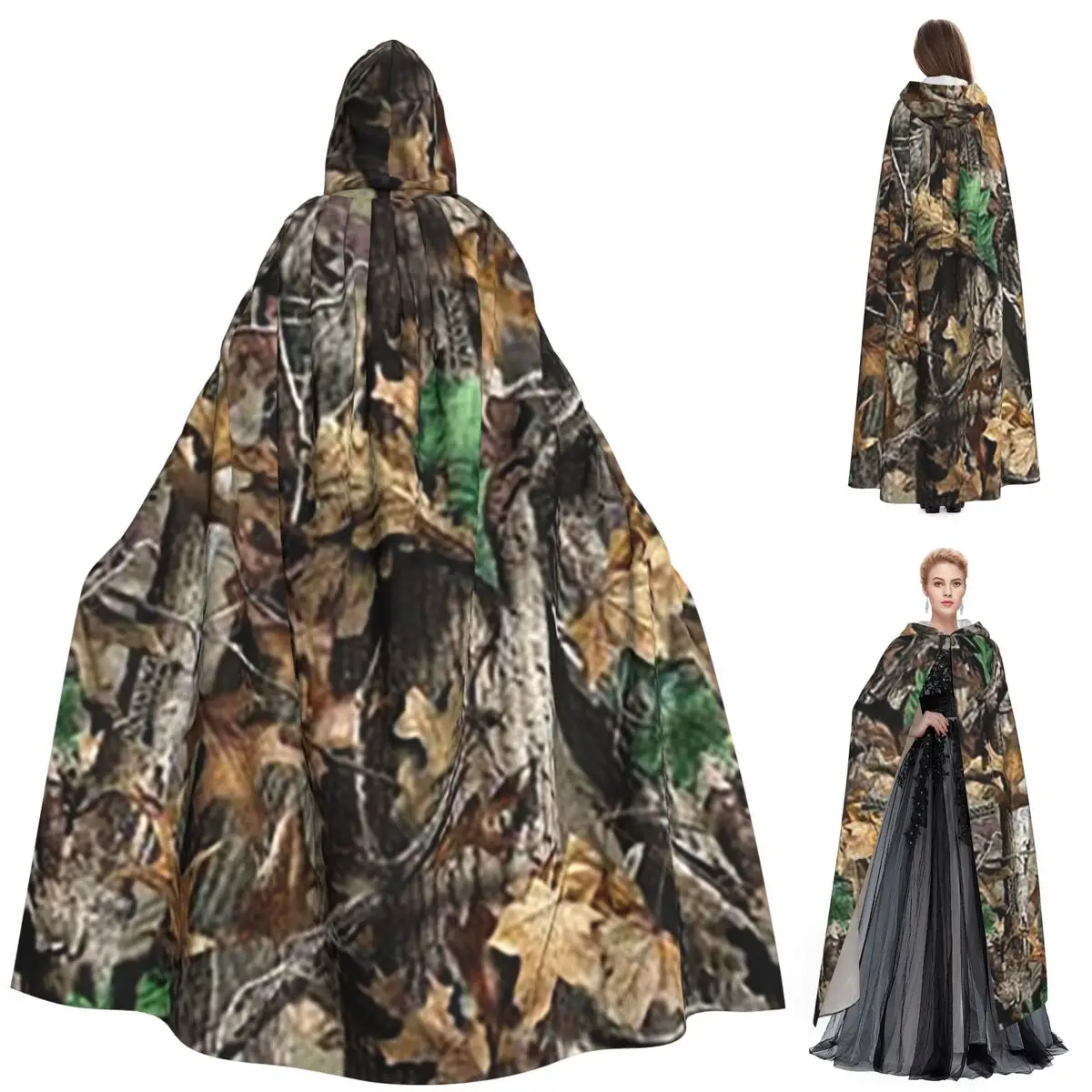 

Камуфляжный длинный плащ с капюшоном из настоящего дерева, средневековый костюм ведьмы, накидка для косплея, накидка на Хэллоуин, вампир для взрослых, унисекс