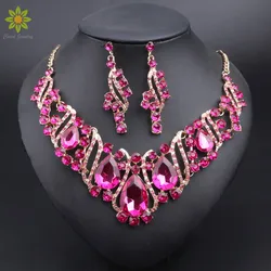 Fashion Crystal Gold Color Necklace Earrings Indian Bridal Jewelry Sets For Brides Wedding Party Costume Accessories Women