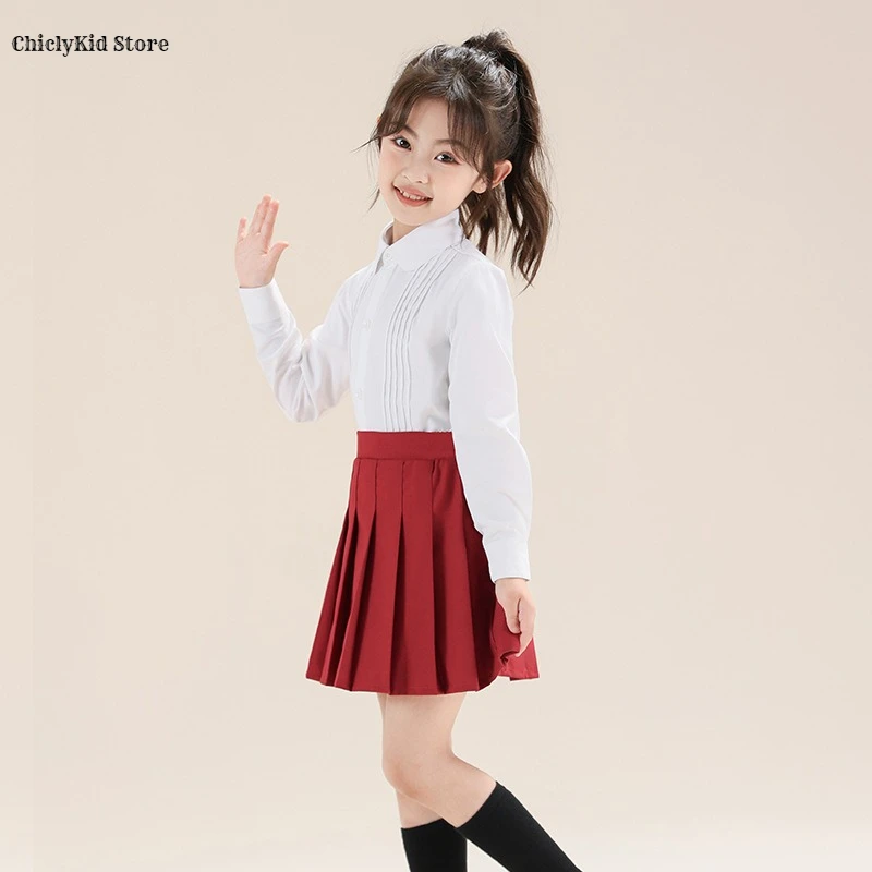 Girls Spring British School Uniform Blouse Skirts Shirt Class Outfits Kids Kindergarten Clothes Sets Children Students Costumes