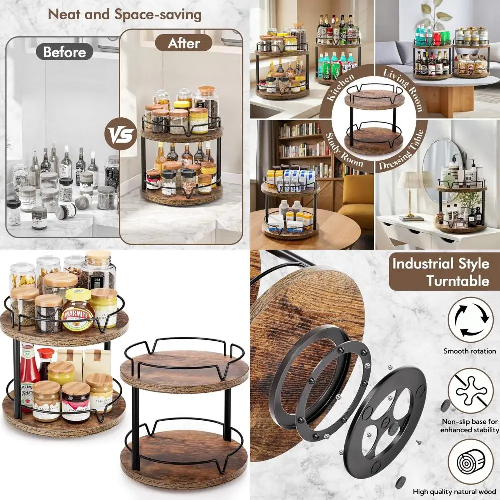 

2-Tier Wooden Lazy Susan Spice Rack, Rustic Brown, Compact & Versatile Countertop Organizer