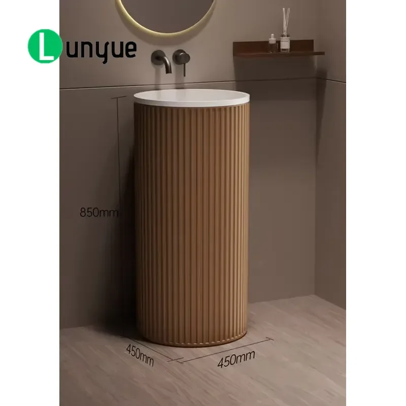 Recessed Freestanding Artificial Stone Washbasin Cylindrical Ribbed Column Modern Floor to Ceiling Bathroom Sink Elegant