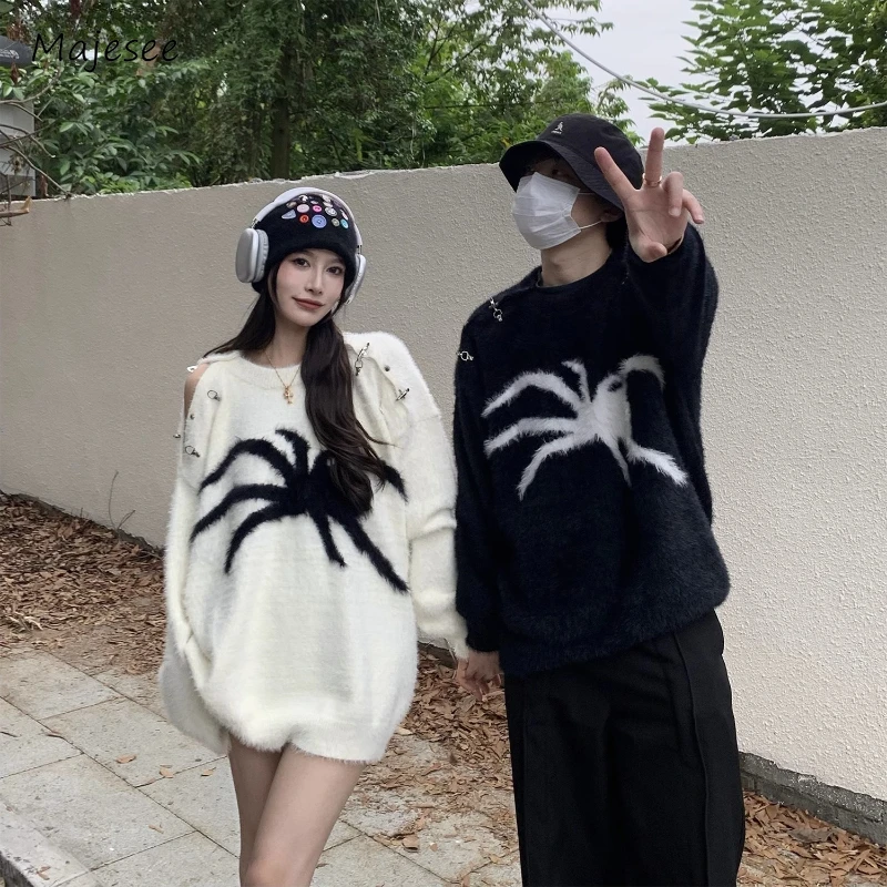 

Sweaters Men American Retro Removable Button Spider Print Couple Knitwear Anti-shrink All-match Streetwear Pullover Autumn Daily