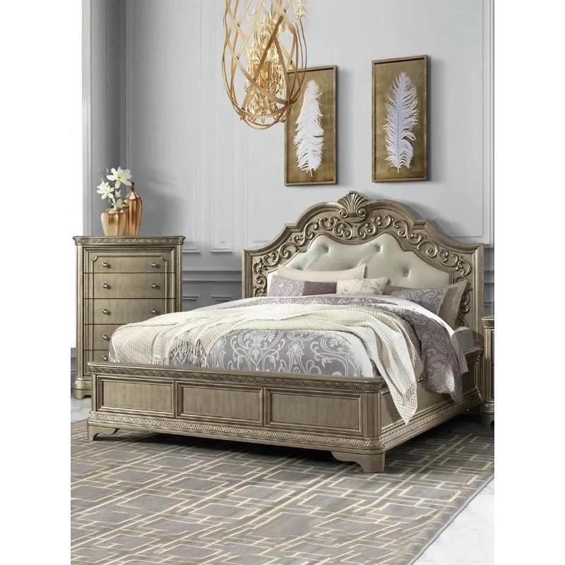 Solid wood bed 1.8 meters master bedroom double American pu leather carved oak wedding bed 1.5 meters princess bed