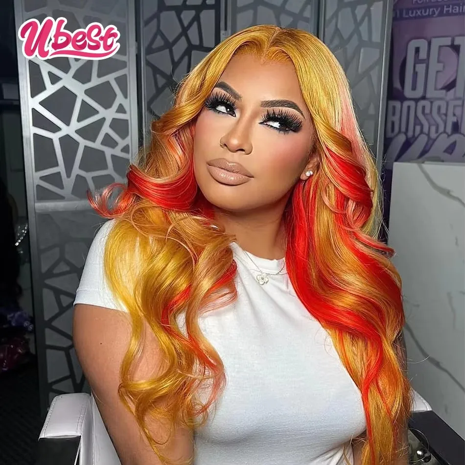 

Ubest Highlight Golden Red Colored Body Wave 13x6 Lace Front Wigs Brazilian 10A Human Hair Transparent Wig Pre Plucked For Women